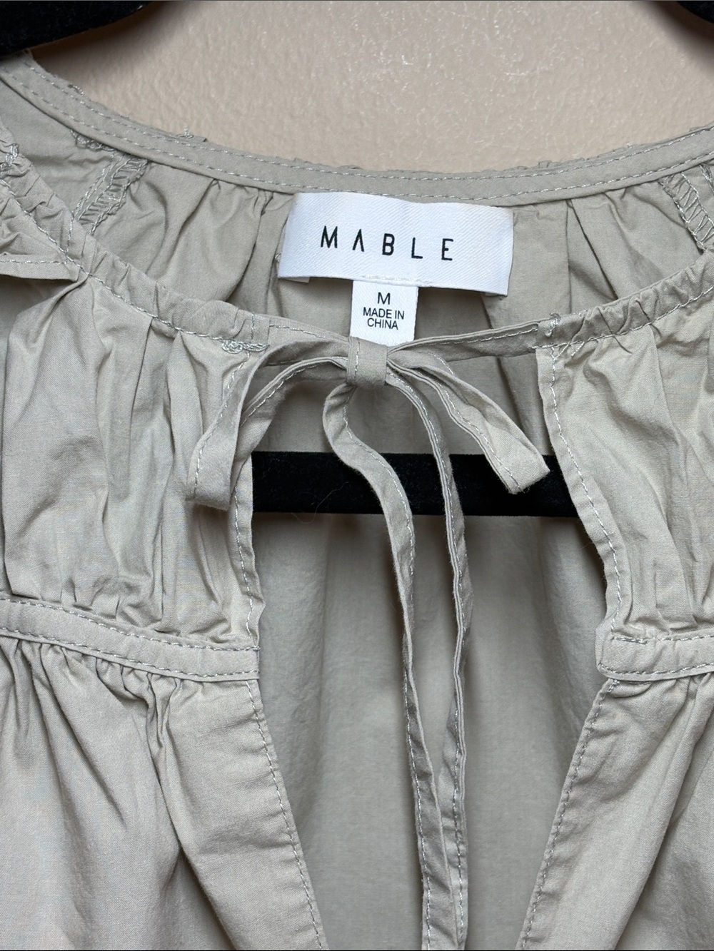 MABLE Ruffle Sleeve Tie-Neck Blouse in Tan Cotton, M - Picture 2 of 8